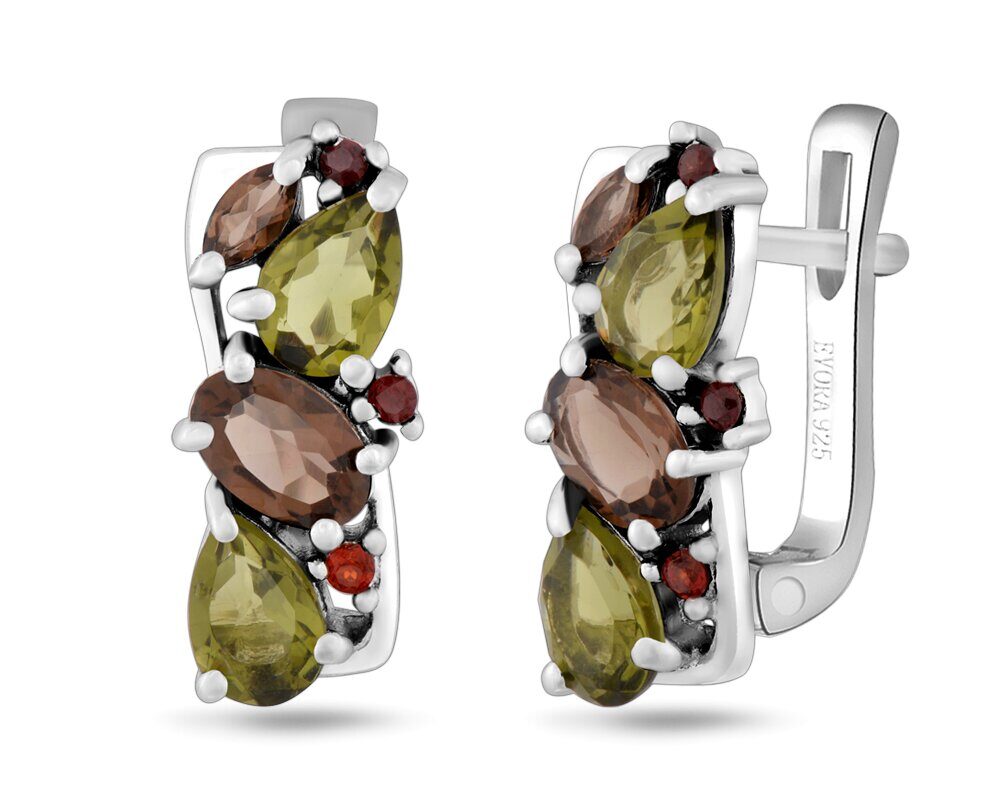 Серьги, гранат , оливковая шпинель , раухтопаз, Лиана